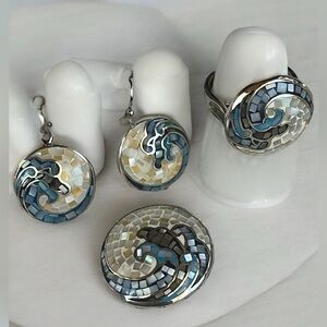 Bronze Micro Mosaic Mother of Pearl Ocean Wave Surf Rhodium-Plated Parure